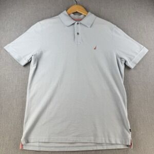 Nautica Polo Shirt Mens Large Blue White Stripe Pink Accent Cotton Casual